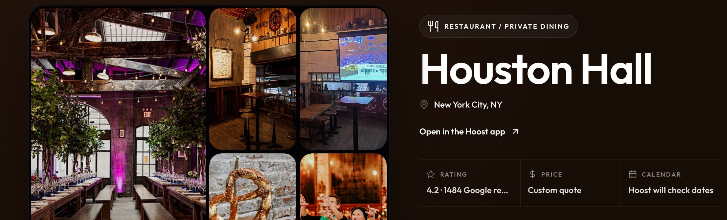 Captured Hoost partner profile with photography, listing details and an open-in-app link