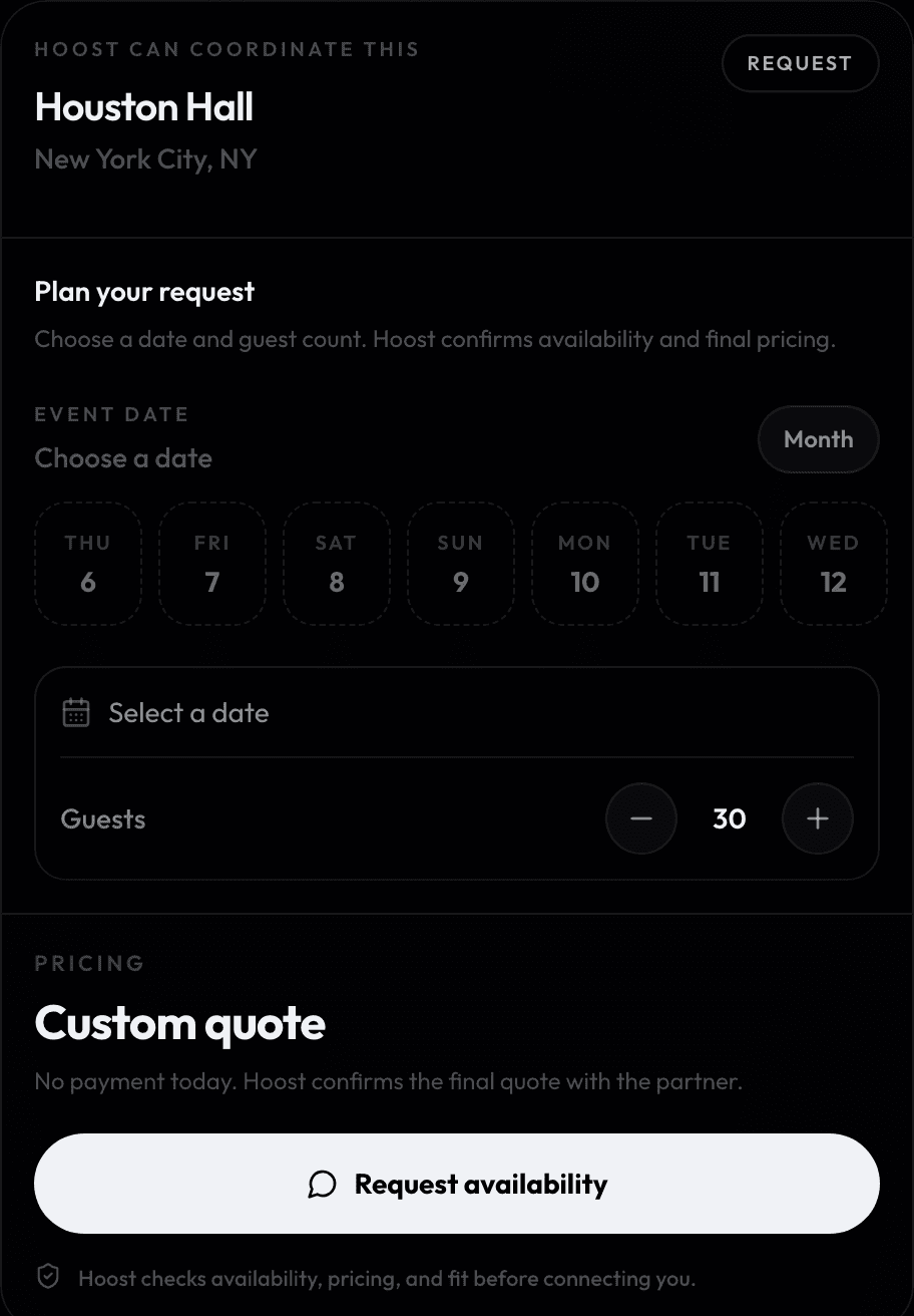 Captured Hoost inquiry widget asking for an event date, guest count and request